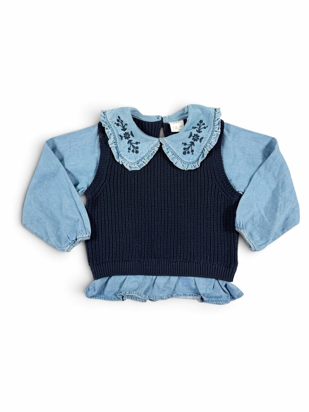 Zara Girls Denim Embroidered Collar Sweater Vest Top Blue Size 5